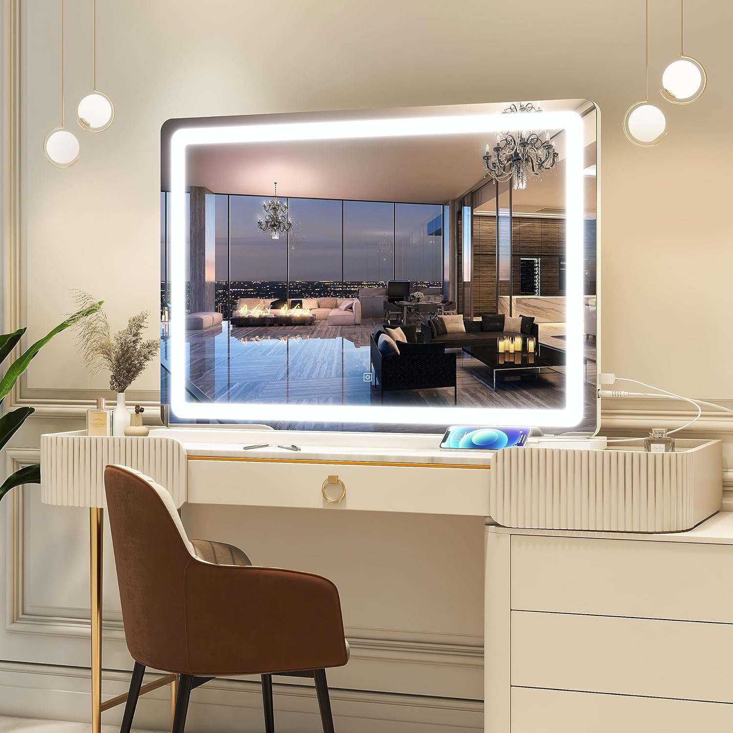 FENNIO Vanity Mirror with Lights 32"x22", Lighted Makeup Mirror, Large Vanity Mirror with Lights, Touch Sensor with 3-Color Lighting, USB Charging Port for Vanity Desk Tabletop