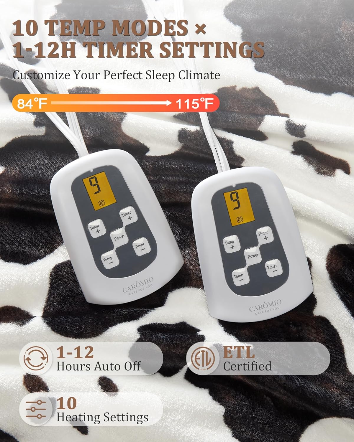 CAROMIO Heated Electric Blanket Queen Size with LCD Dual Controller, Cow Print Heating Blankets, 10 Heat Levels & 1-12H Time Settings, ETL Certified, Machine Washable, Brown Black, 84" x 90"