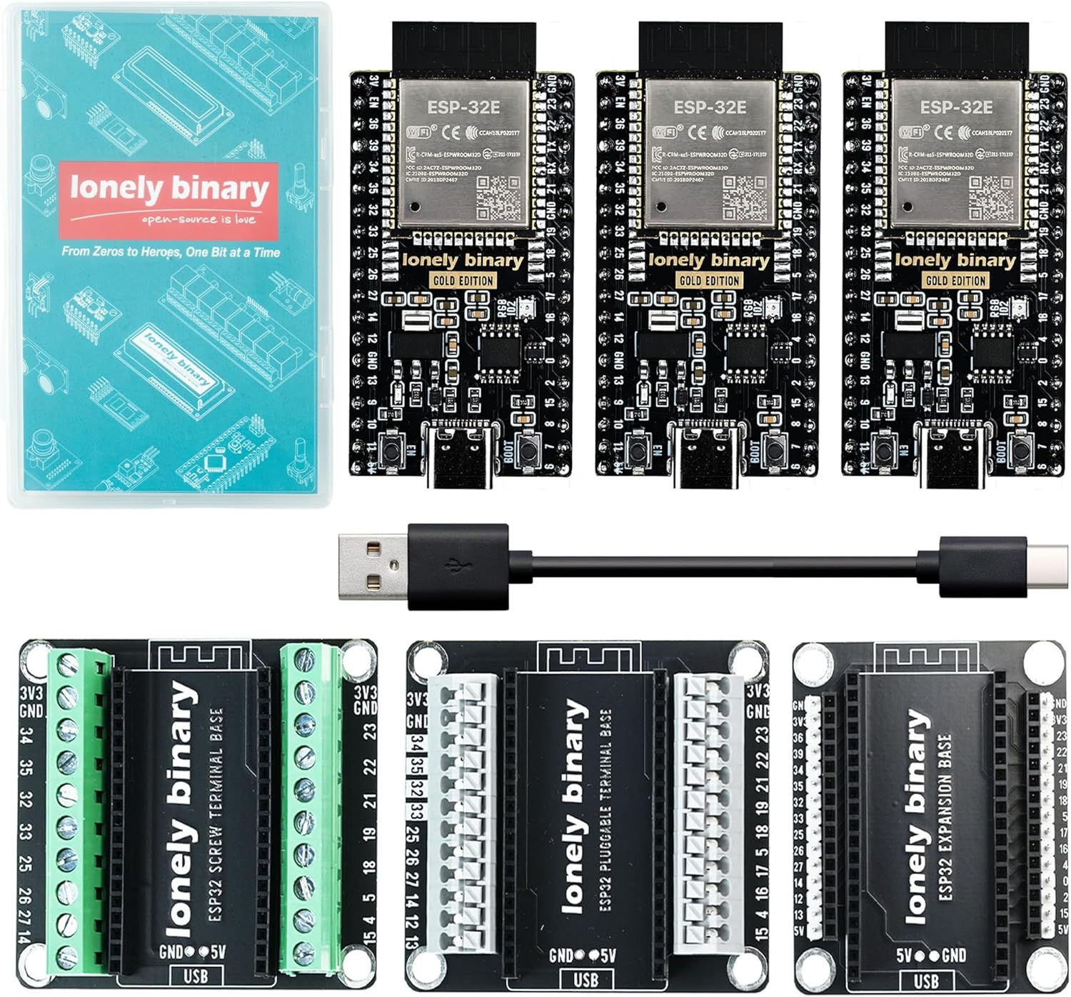 3-Pack ESP32 Gold Edition Kit WiFi Bluetooth Dual-Core MCU with Breakout Boards (Screw/Non-Screw Expansion Board) Tutorials -Type-C ESP32 Prototyping Kit Compatible with Arduino IDE