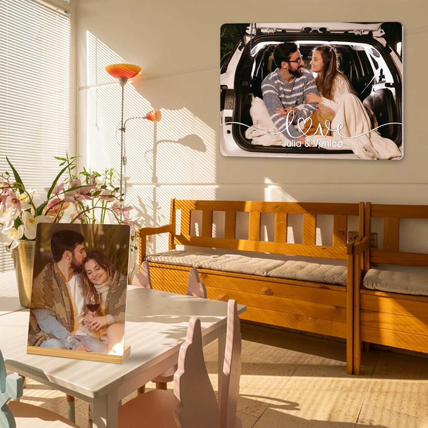 Custom Photo Prints - Metal Desktop Picture Frame with Photos & Name & Wooden Base Personalized Gifts for Family Friends and Lovers, Optional Multiple Sizes