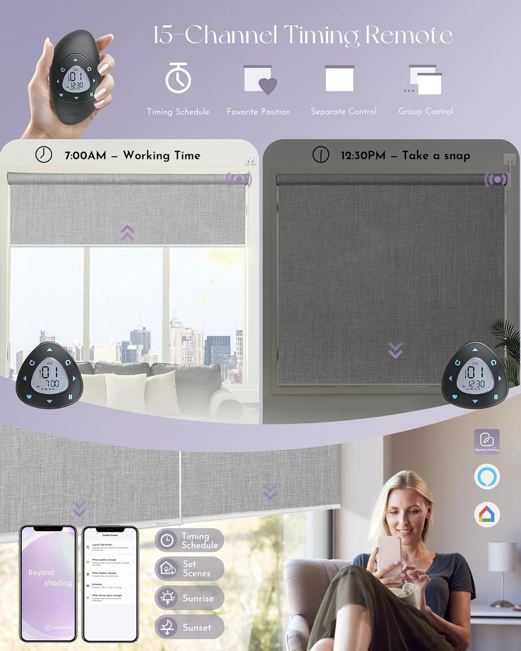 Graywind Smart Blackout Roller Shades Compatible with Alexa Google WiFi Hardwired Triple Weaved Fabric Motorized Blinds Remote Window Shades, Custom Size (Cloudy Grey)