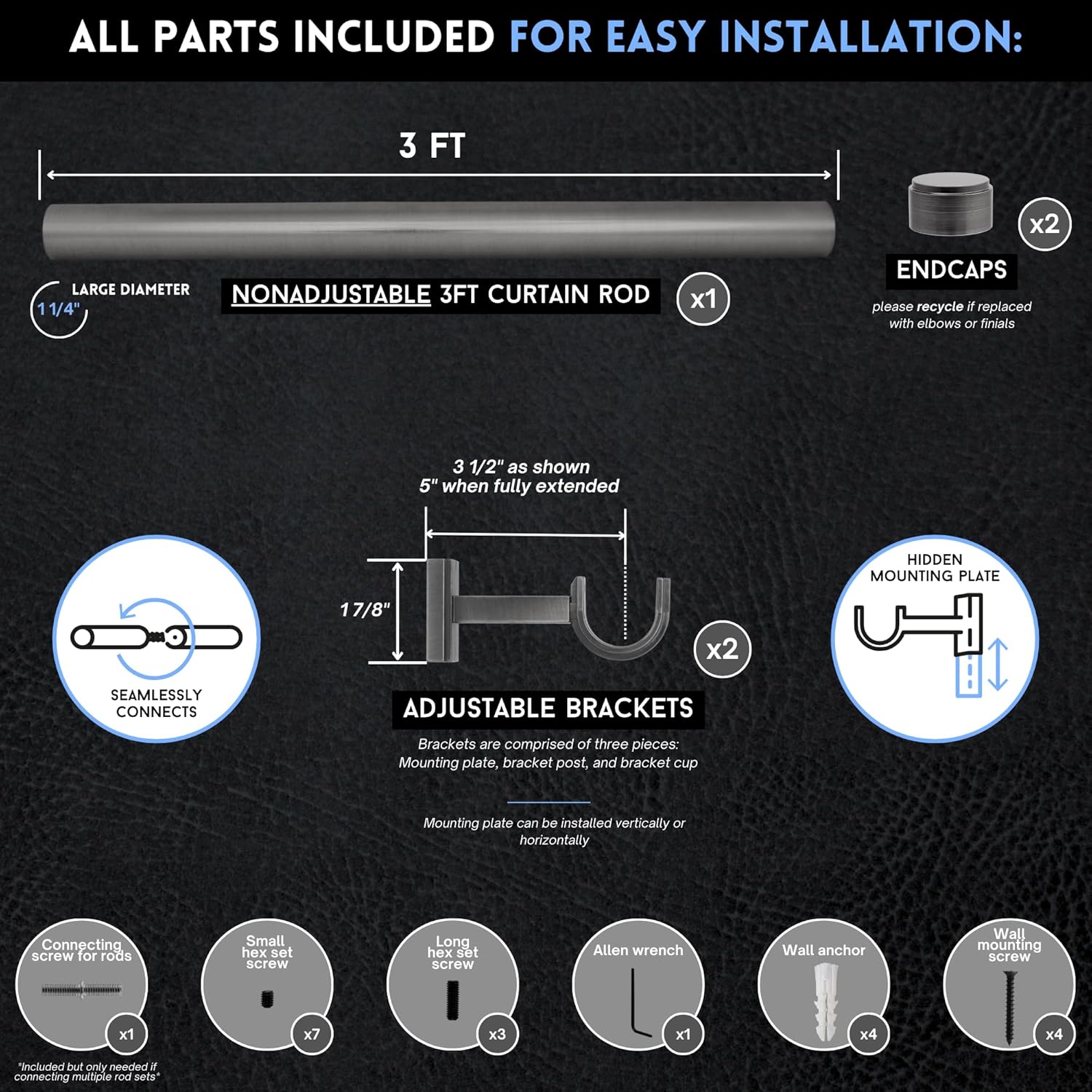 BlastHome® Non-Adjustable Luxury Curtain Rods for Windows, 1 ¼” Rod Set, 3 foot Fixed Length, Gunmetal/Pewter