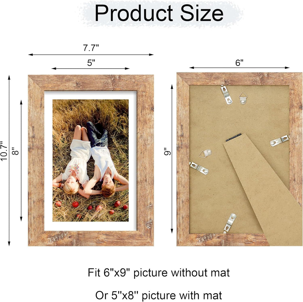 iRahmen 6x9 Picture Frame with HD Tempered Glass, Display Pictures 5x8 with Mat or 6 x 9 Without Mat, Wood Photo Frame for Tabletop and Wall (Rustic Brown, 1 Pack)