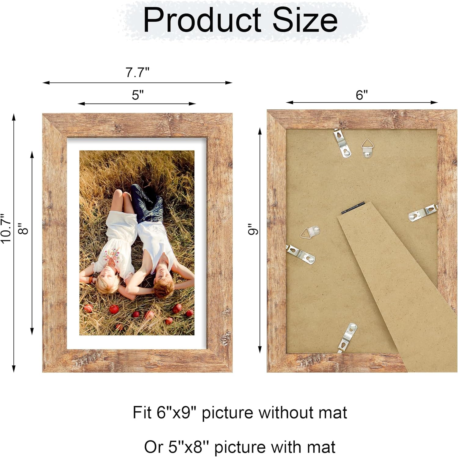 iRahmen 6x9 Picture Frame with HD Tempered Glass, Display Pictures 5x8 with Mat or 6 x 9 Without Mat, Wood Photo Frame for Tabletop and Wall (Rustic Brown, 1 Pack)