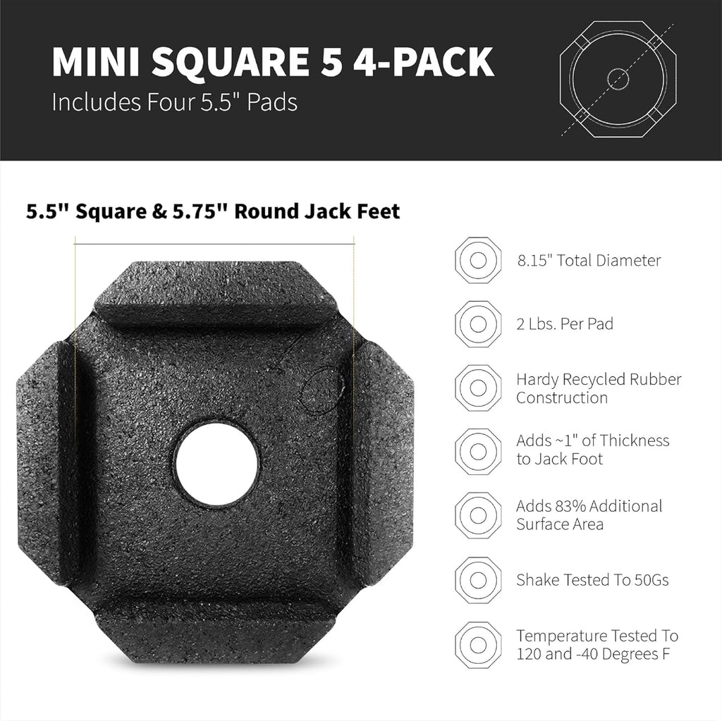 SnapPad Mini Square 5 (Pack of 4) | Four-Point RV Leveling System, 5.5" Square to 5.75" Round Jack Feet | 79% Additional Surface Area, 2.6 lbs. Per Pad & 8.15" Total Width | Must-Have RV Accessories