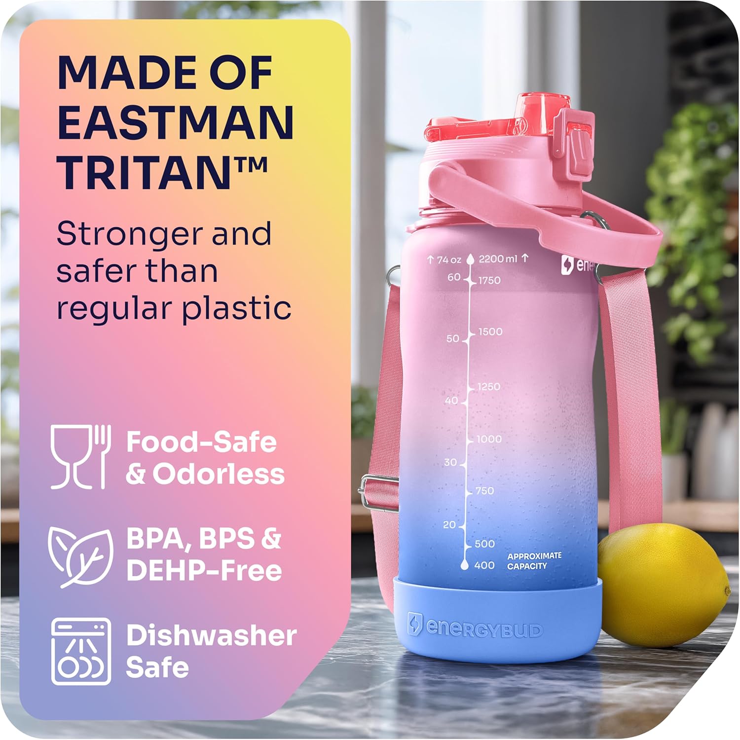 1/2 Gallon Water Bottle with 74.3 oz Capacity - Motivational Time Markers for Daily Hydration Goals - Leakproof BPA Free Tritan with Removable Straw