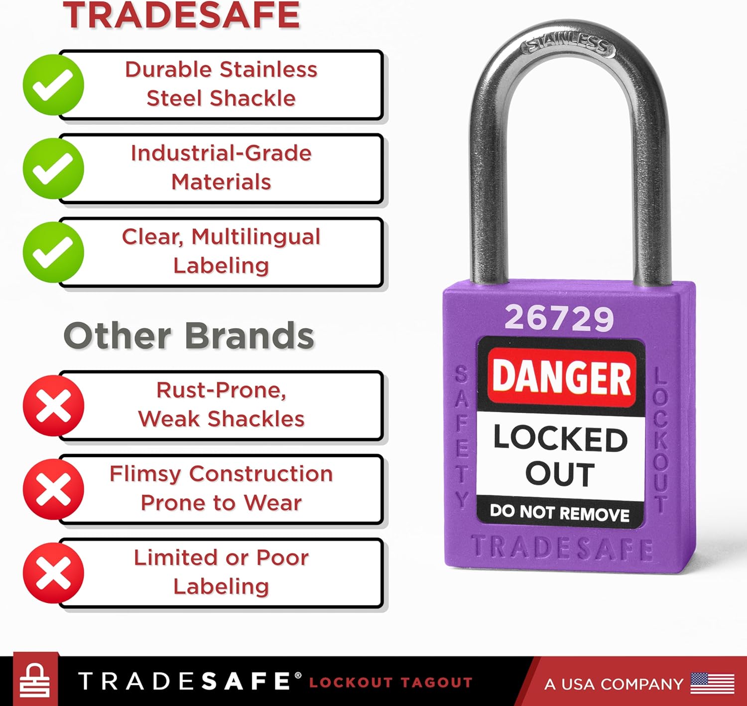 TRADESAFE Lockout Tagout Locks Set - 10 Purple Keyed Alike Padlocks, 2 Keys Per Lock, OSHA Compliant Loto Locks for Lock Out Tag Out Stations, Premium Grade