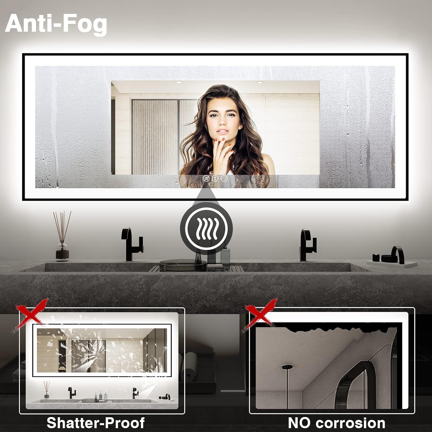 96x36 Large LED Bathroom Mirror with Lights - Black Aluminum(Front and Backlit),Anti-Fog Lighted Mirror for Wall,Stepless Dimmable Lighted Mirror,3 Colors Smart Mirror(Horizontal/Vertical)
