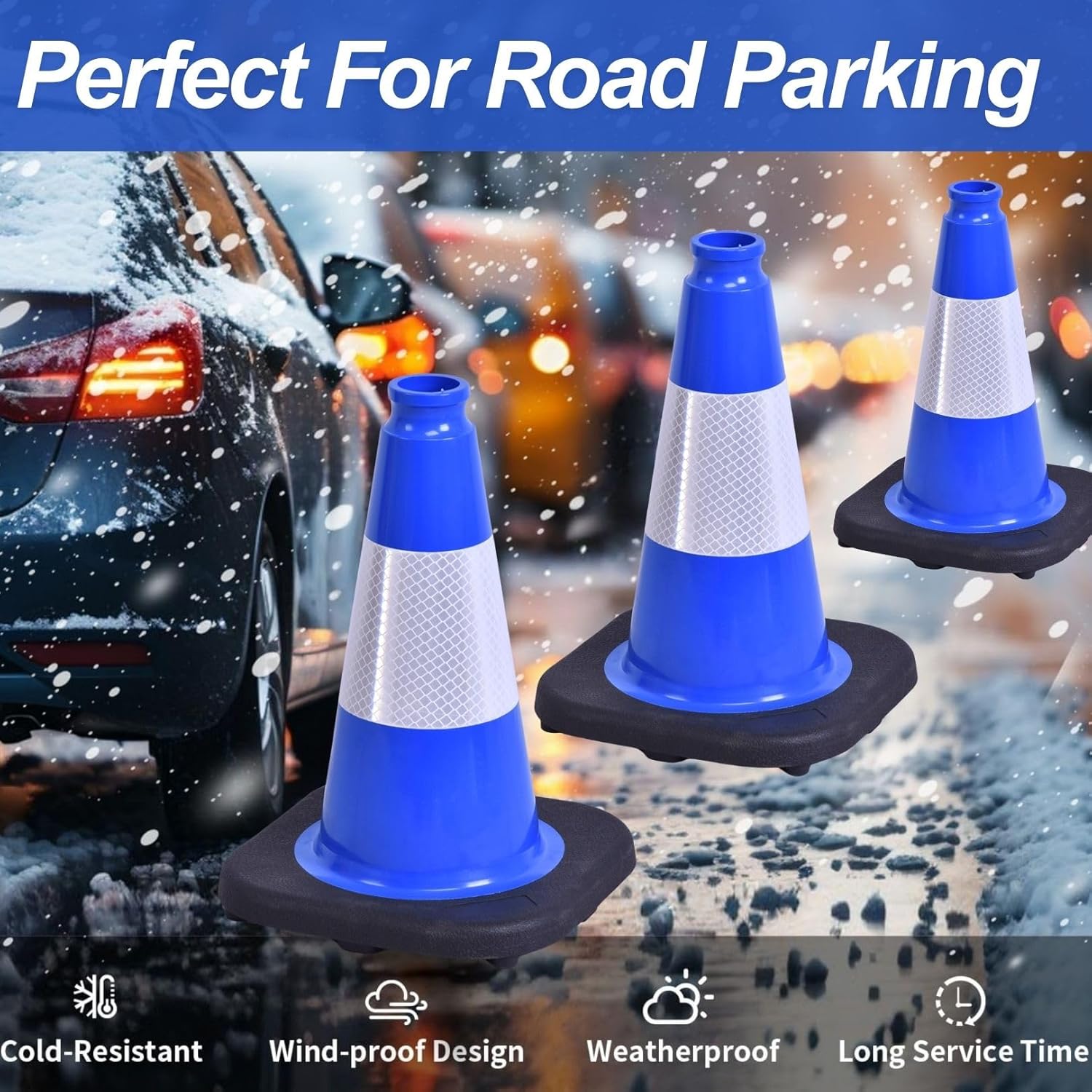 BESEA 4Pack 12 Inch Blue Traffic Cones with 4 Inch Reflective Collar, Heavy Duty PVC Safety Cones with 8.5 x 8.5 Inch Base for Parking, Driving Practice, Sports Training, and Construction