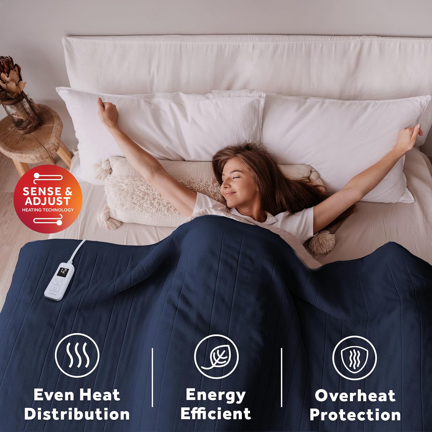 Sunbeam Royal Ultra Fleece Heated Electric Blanket Full Size, 84" x 72", 12 Heat Settings, 12-Hour Selectable Auto Shut-Off, Fast Heating, Machine Washable, Warm and Cozy, Indigo