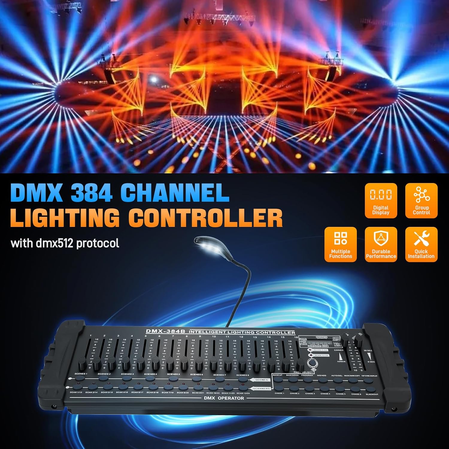 DMX 384 Channel Lighting Controller with DMX512 Protocol Compatible with Moving Head Light, DMX Operator Console with MIDI Control for DJs, Stage, Party, Club, Theater Lighting