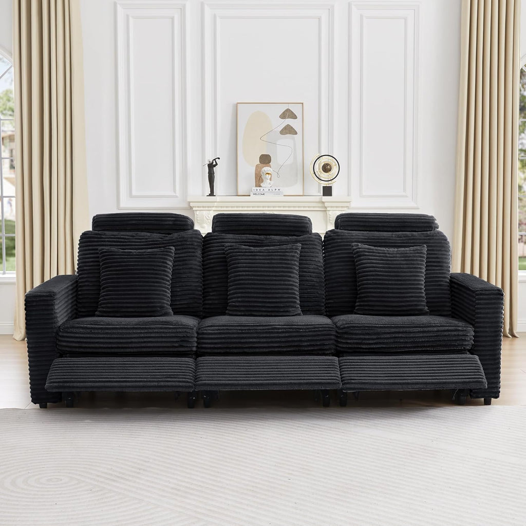 LEVNARY 3-Seater Modular Reclining Sofa, Faux Rabbit Fur Power Recliner Couch with 3 Electric Seats, 3 Pillows & Side Pockets, Adjustable Back & Footrest, Living Room Furniture (Black)