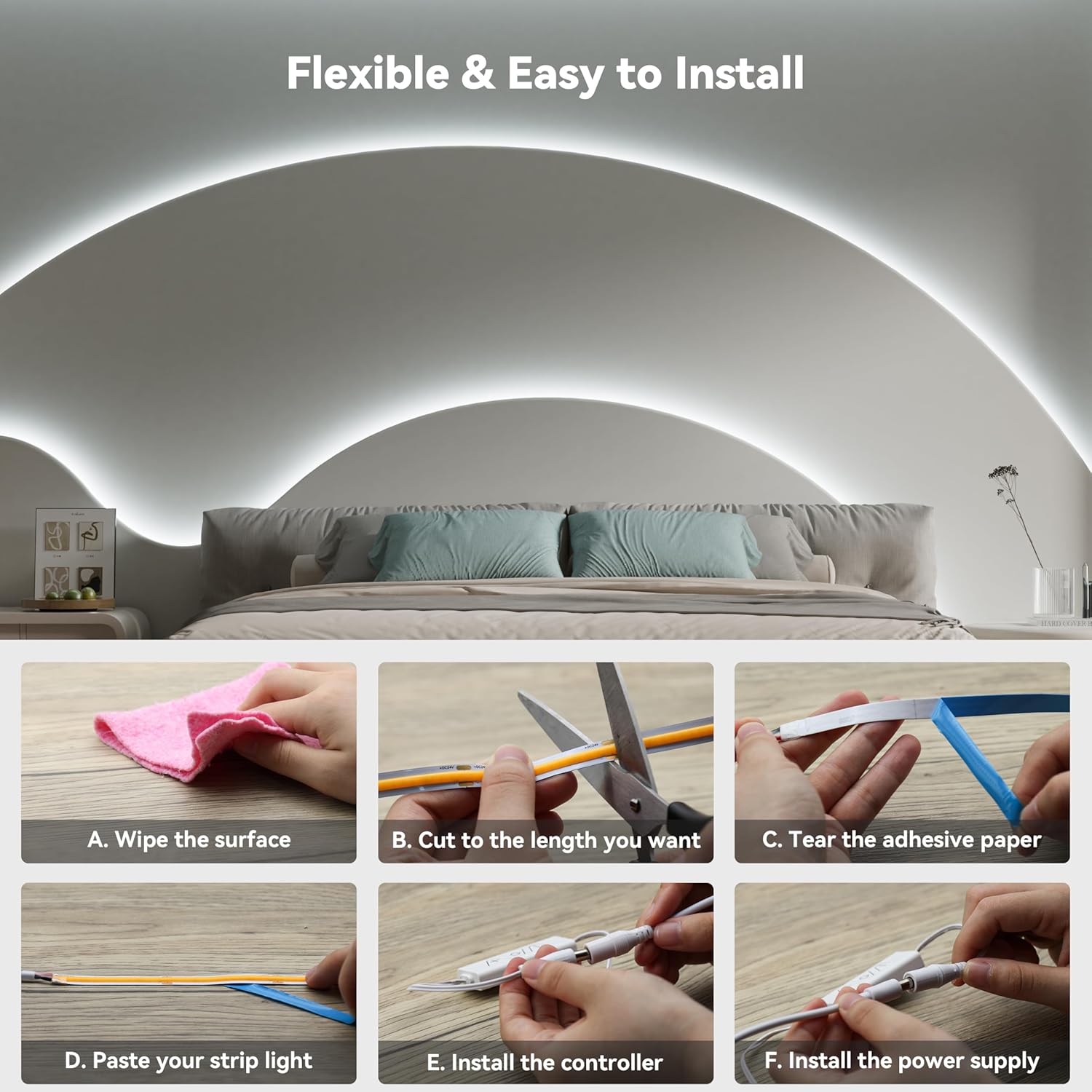 PAUTIX COB LED Strip Light,Strip Lights with RF Remote,UL Listed Daylight White Natural White 6000K 16.4ft Super Bright Dimmable 24V Flexible LED Tape Lights,Cabinets Kitchen Mirror Office Lighting
