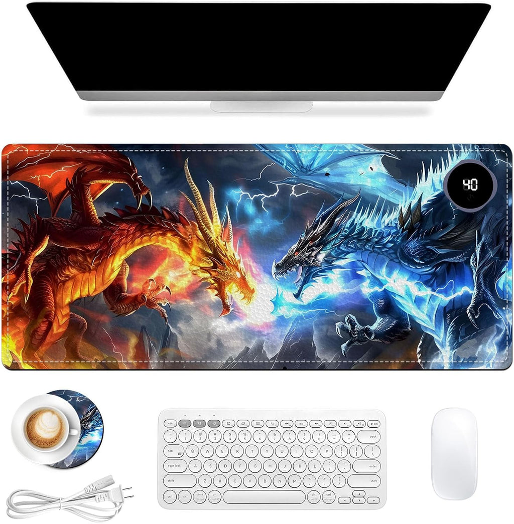 Heated Mouse Pad, Warm Desk Pad, Keyboard Mat 31.5 x 13 Inch Large Size Intelligent Fast Heating, 3 Speed Adjustable, Timed Auto Power Off for Game Office Home,Dragons Gather