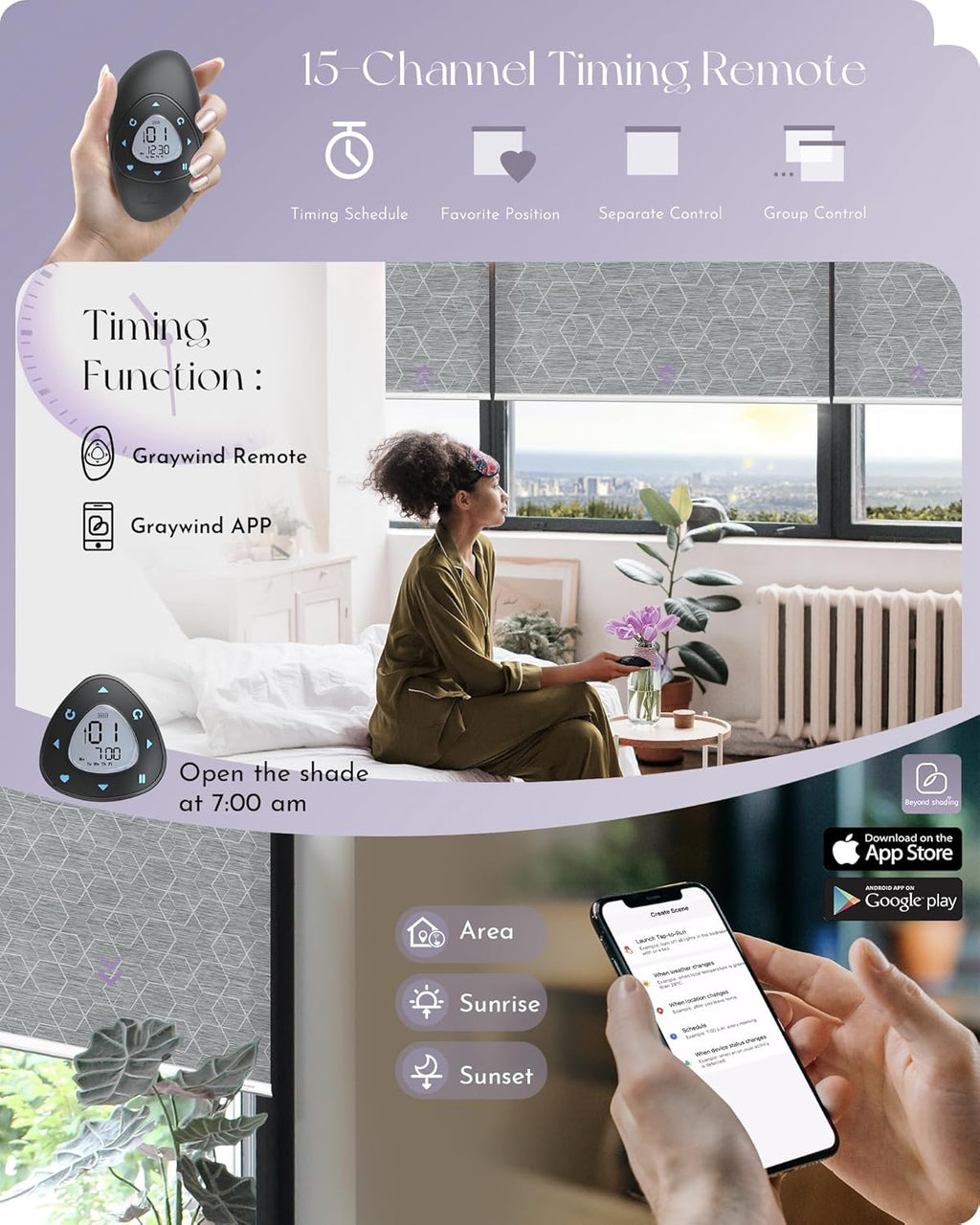Graywind Motorized Solar Shades Light Filtering Mesh Shade Compatible with Alexa Google Remote Control Window Blinds with Valance for Smart Home Office Business, Custom Size (Solar - 1% Geometry Grey)