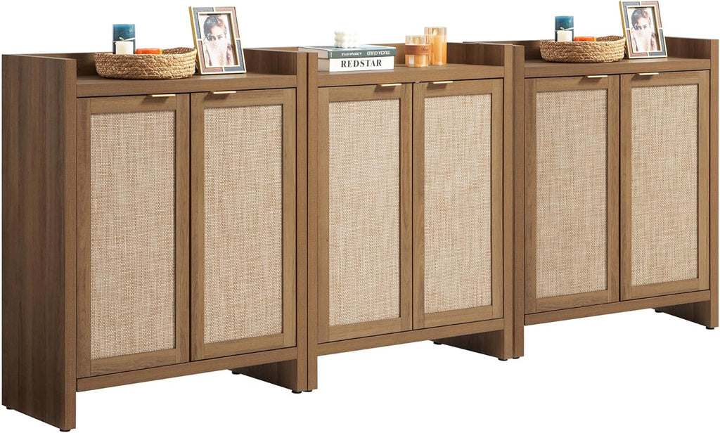 SICOTAS Shoe Cabinet Set of 3, Large Capacity Shoe Storage Organizer Cabinet, Tall Rattan Shoe Cabinet with Doors and Shelves, 6-Tier Farmhouse Boho Wooden Storage Cabinet for Entryway Hallway