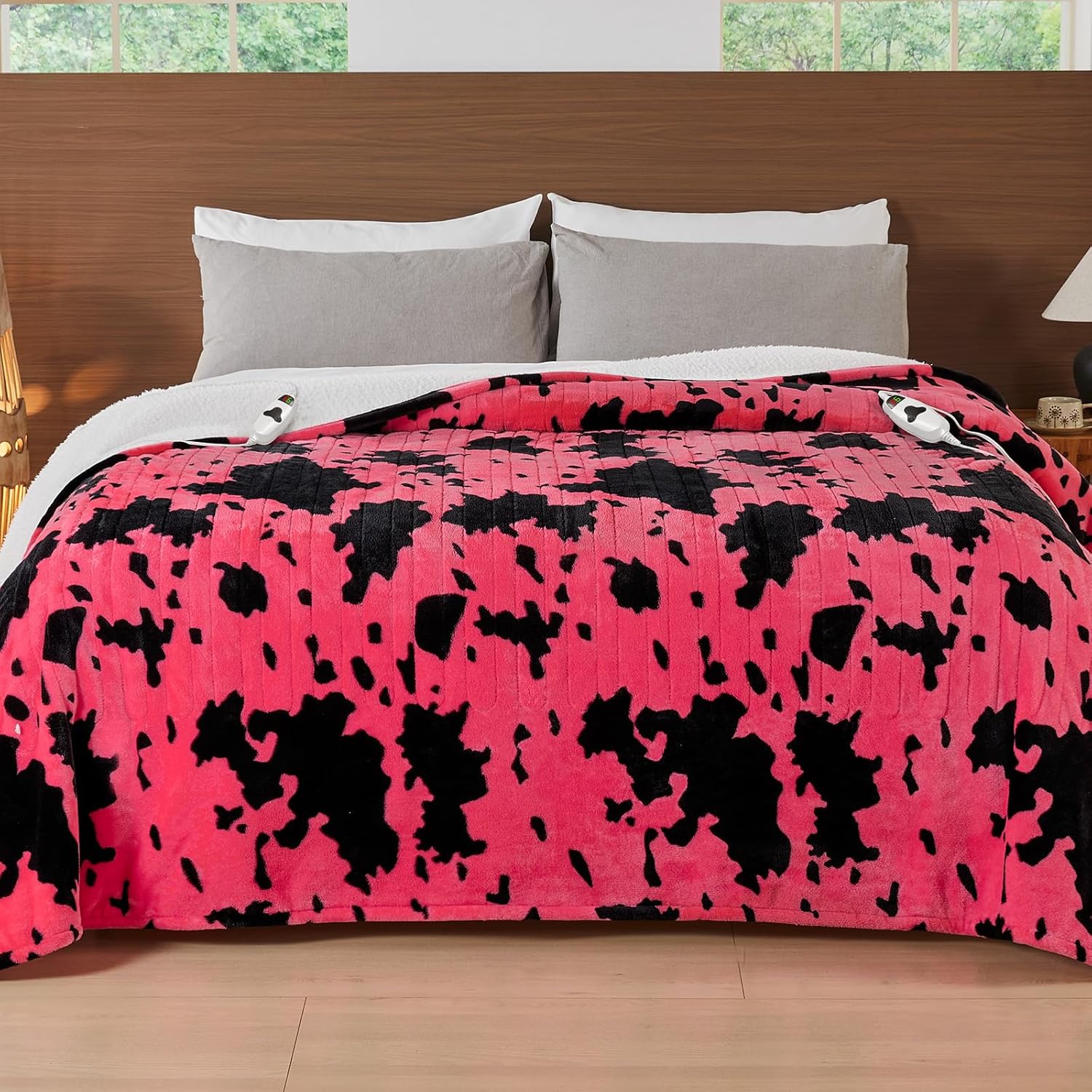 Cow Print Electric Heated Blanket King Size,90X100 Pink Heating Blanket King with Dual Control&Timer&10 Heat Levels,Highland Cow Decor Fleece Sherpa Blankets Warmer Gifts for Bed Women Adults