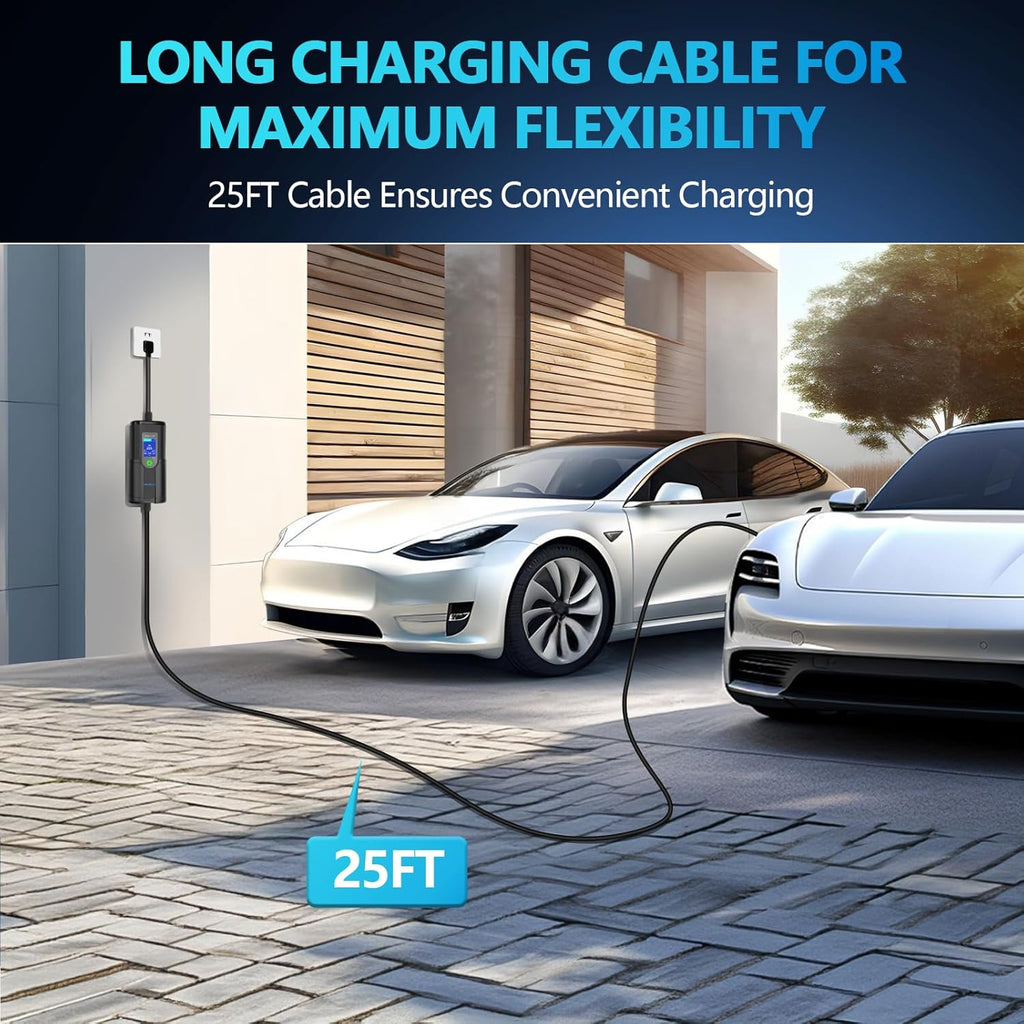 Portable Level 2 EV Charger, 6-32A, 220-240V, NEMA 14-50P, 25FT, Electric Car J1772 Charger for Home and Travel, Reliable and Durable EV Charging Cable