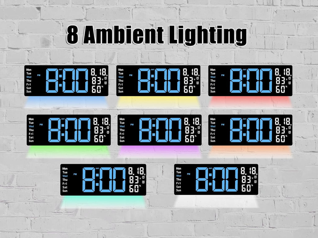 17.5 Inch Blue LED Digital Wall Clock with 8 Ambient Light Colors｜Displays Time,Date,Day,Temperature&Humidity,Dual Alarms,Countdown&Stopwatch,DST,10-Level Auto/Manual Brightness｜Modern Silent Clock