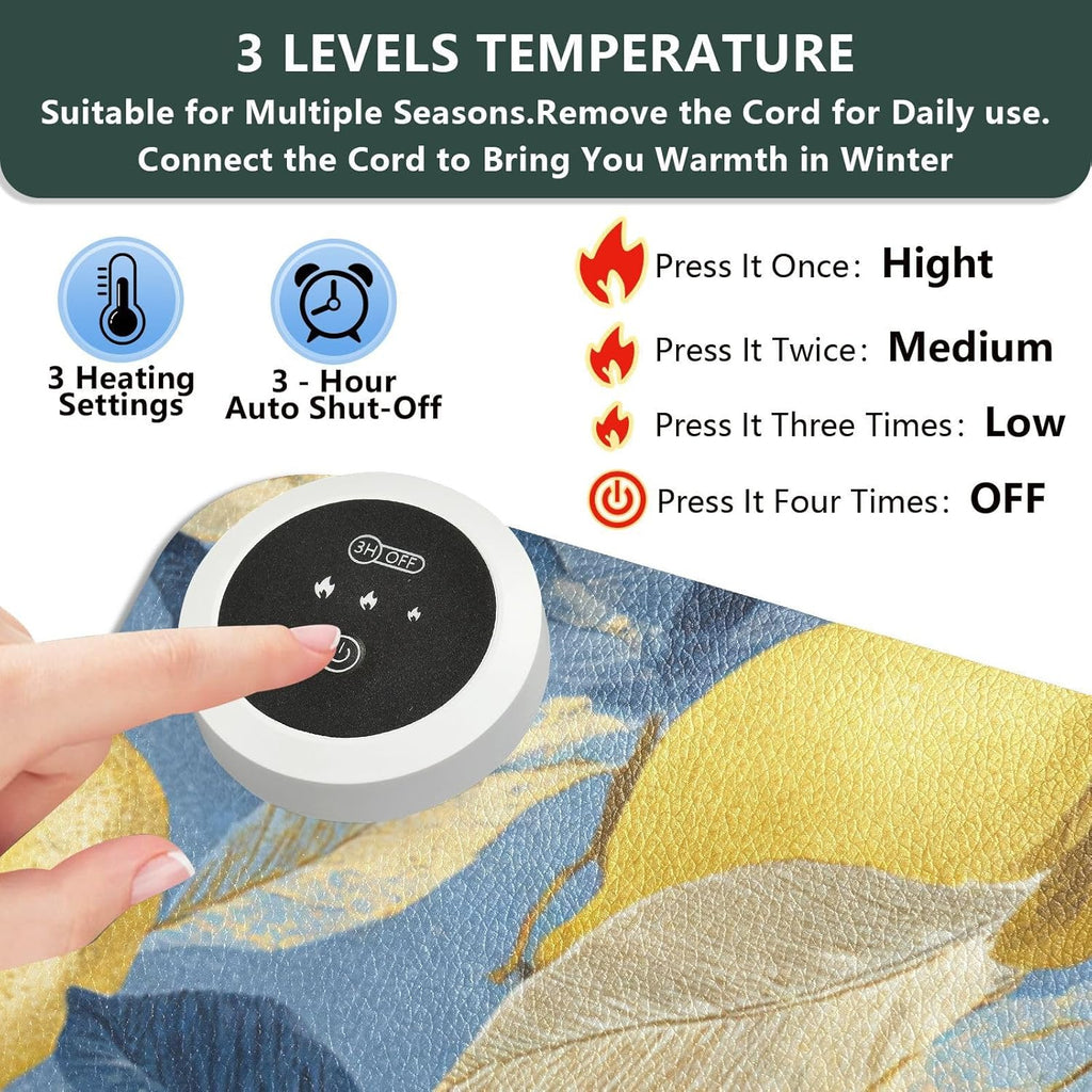 Heated Desk Pad Mouse Pad 31.5x13 Inch PU Leather Desk Mat with 3 Heat Levels Large Mouse Gaming Computer Laptop Mat Blue Lemon Leaves