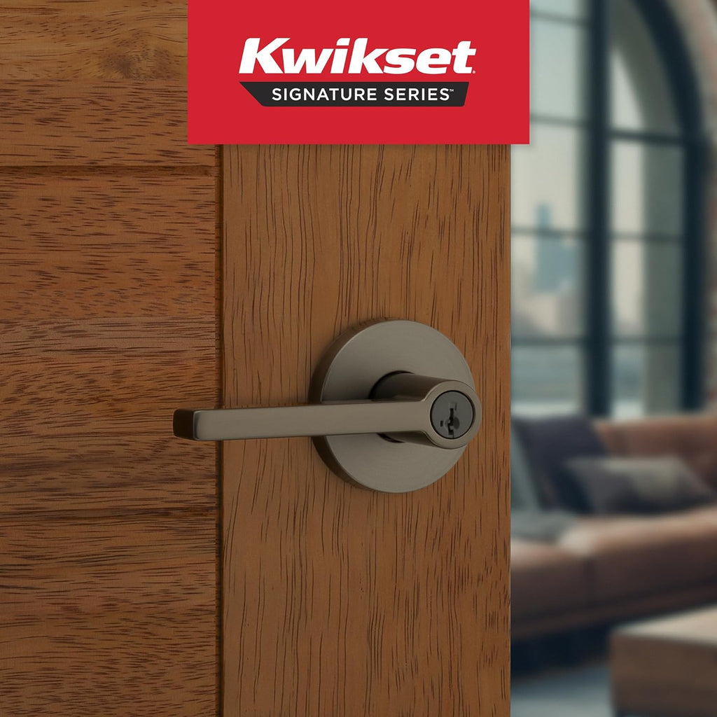 Kwikset Halifax Entry Door Handle with Lock and Key, Round Secure Keyed Reversible Lever Exterior, Doorlock, for Front Entrance and Bedrooms, Gunmetal, Pick Resistant Smartkey Rekey Security