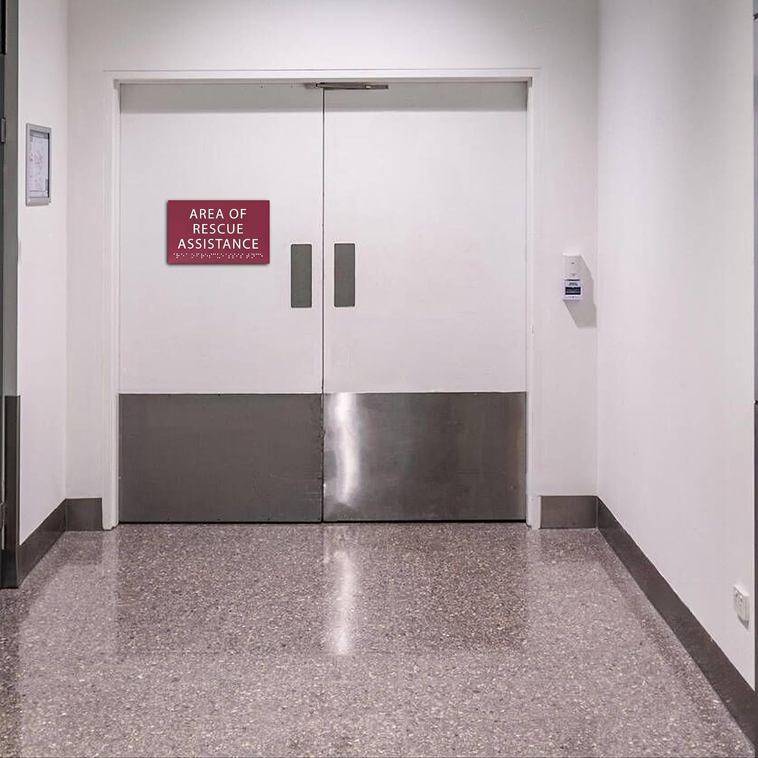 Area of Rescue Assistance Sign - ADA compliant sign. 6"x4" sign made from durable plastic with raised lettering and Braille. Designed to meet ADA (Americans with Disabilities Act) regulations.