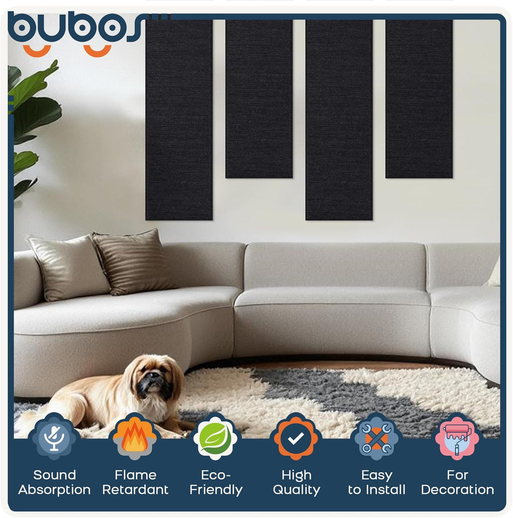 BUBOS 2 PCS Acoustic Panels,47.2''x11.8'' Fabric Soundproof Wall Panels,Self-adhesive Sound Absorbing Panels for Studios, Office, Home Theater, Fabric-Clad-N Matte Black