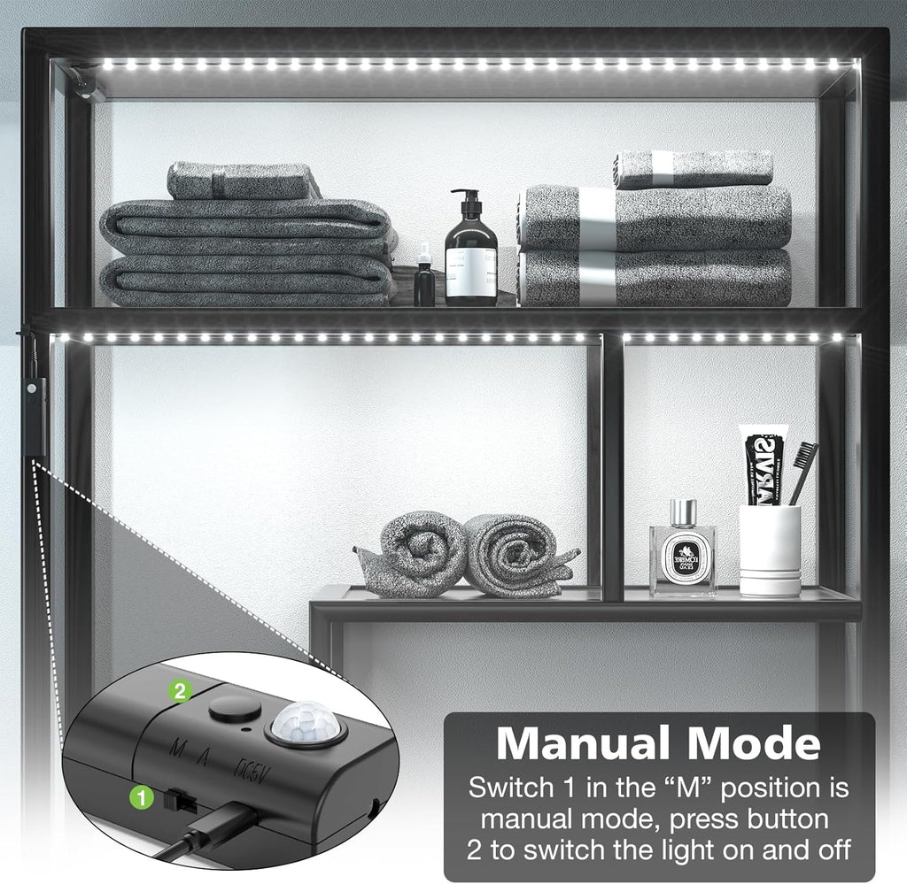 WOBANE Motion Sensor Closet Strip Lights, Rechargeable Motion Activated Light, Battery Powered 6.56ft LED Strip, 60 LEDs Homelife Bar for Wardrobe,Stair,Pantry,Counter,Cabinet,Bed,6000K White,Black