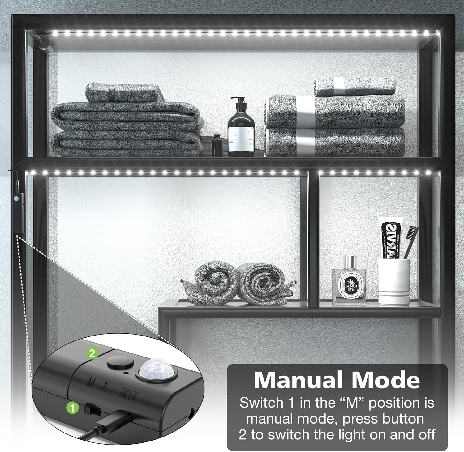 WOBANE LED Closet Light Motion Activated,Battery Powered Stick-on Anywhere,Homelife Motion Sensor Strip Lighting,Rechargeable Night Lights for Closet Hallway Stairway 6.56ft,6000K White,Black