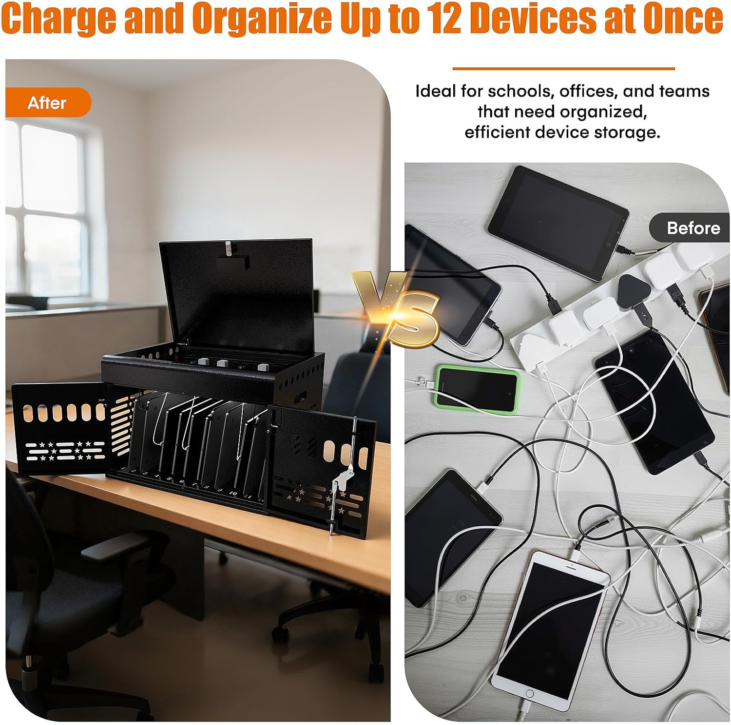 12-Device Tablet Charging Station Lock Box, Computer Cabinet with 2 Keys – Multi-Device Charging Cabinet for iPads, Chromebooks, Fire HD & Phones – Office, School, Hospital (Black),Fully Assembled