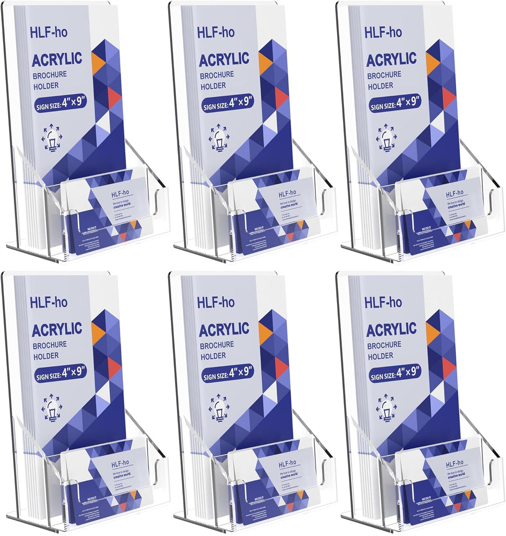 Brochure Holder 4x9 Inch Acrylic Literature Holders Clear Flyer Display Stand with Removable Business Card Slot Pamphlet Holder Organizer for Office, Lobby, Hotels, Trade Shows, 6 Pack