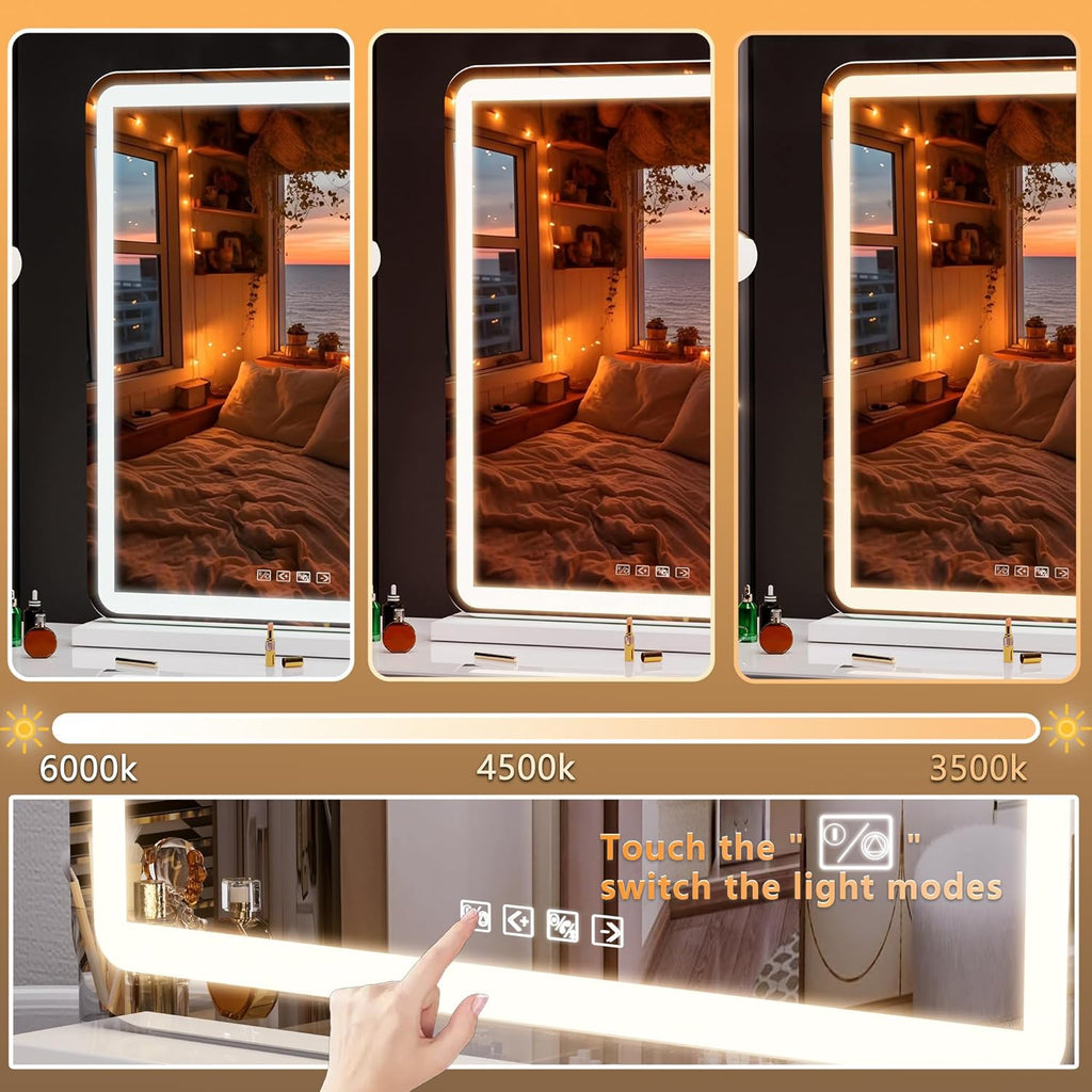 Hasipu Vanity Mirror with Lights and Bluetooth Speaker, 20" x 25" LED Makeup Mirror, Light up Mirror with 10X Magnification and USB Charging Port, Smart Touch 3 Colors Dimmable (White)