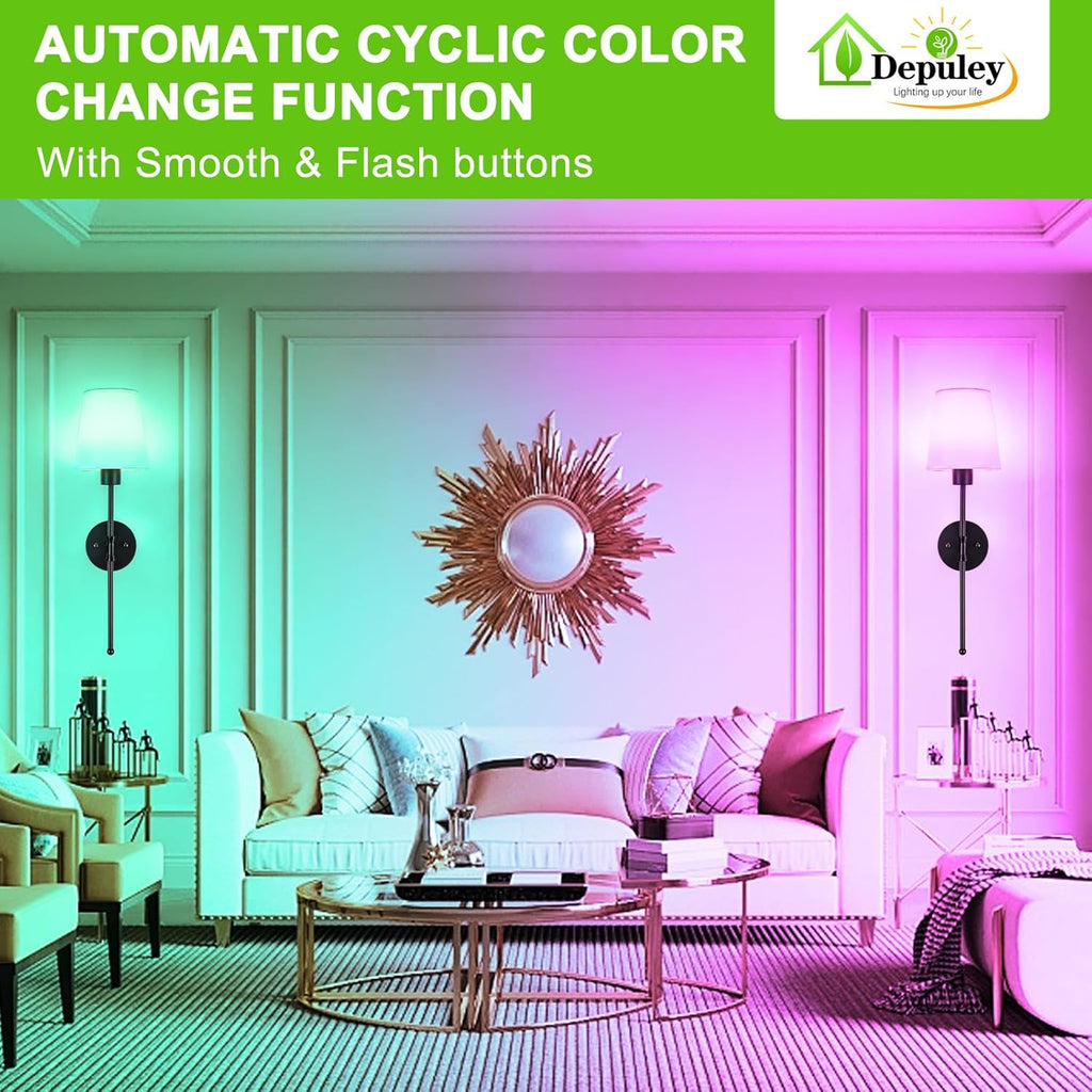 Depuley Battery Operated Wall Sconce: Set of 2 Wireless Wall Lights with Remote for Bedroom - Black Rechargeable 15 Colors RGB Halloween Wall Lamp for Living Room Hallway