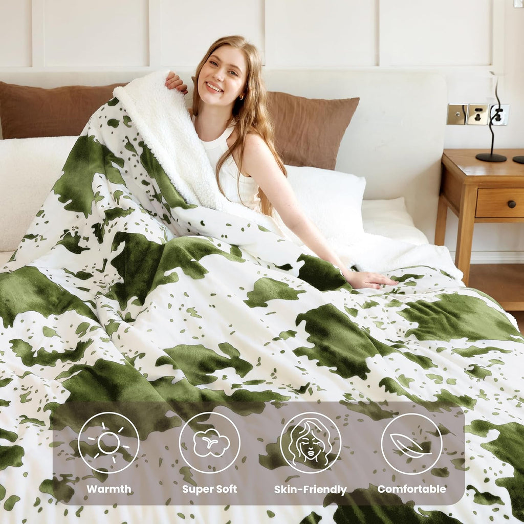 Cow Print Electric Heated Blanket Queen-Dual Control Heating Blanket Queen Size with 10 Heat Levels & 10 Hours Auto-Off, Cozy Soft Fleece Sherpa, Washable, 84x90 Inche Cow Print Sage