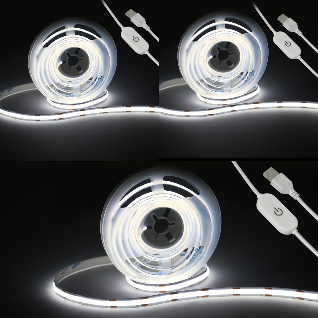 Led Strip Lights 5V USB 6.56ft/2m 640 LEDs Touch stepless Dimmable USB COB LED Strip Light 6500K White 10W Flexible 5v led for Bedroom Kitchen,Room Decor,3D Printing Lighting (3Pack)
