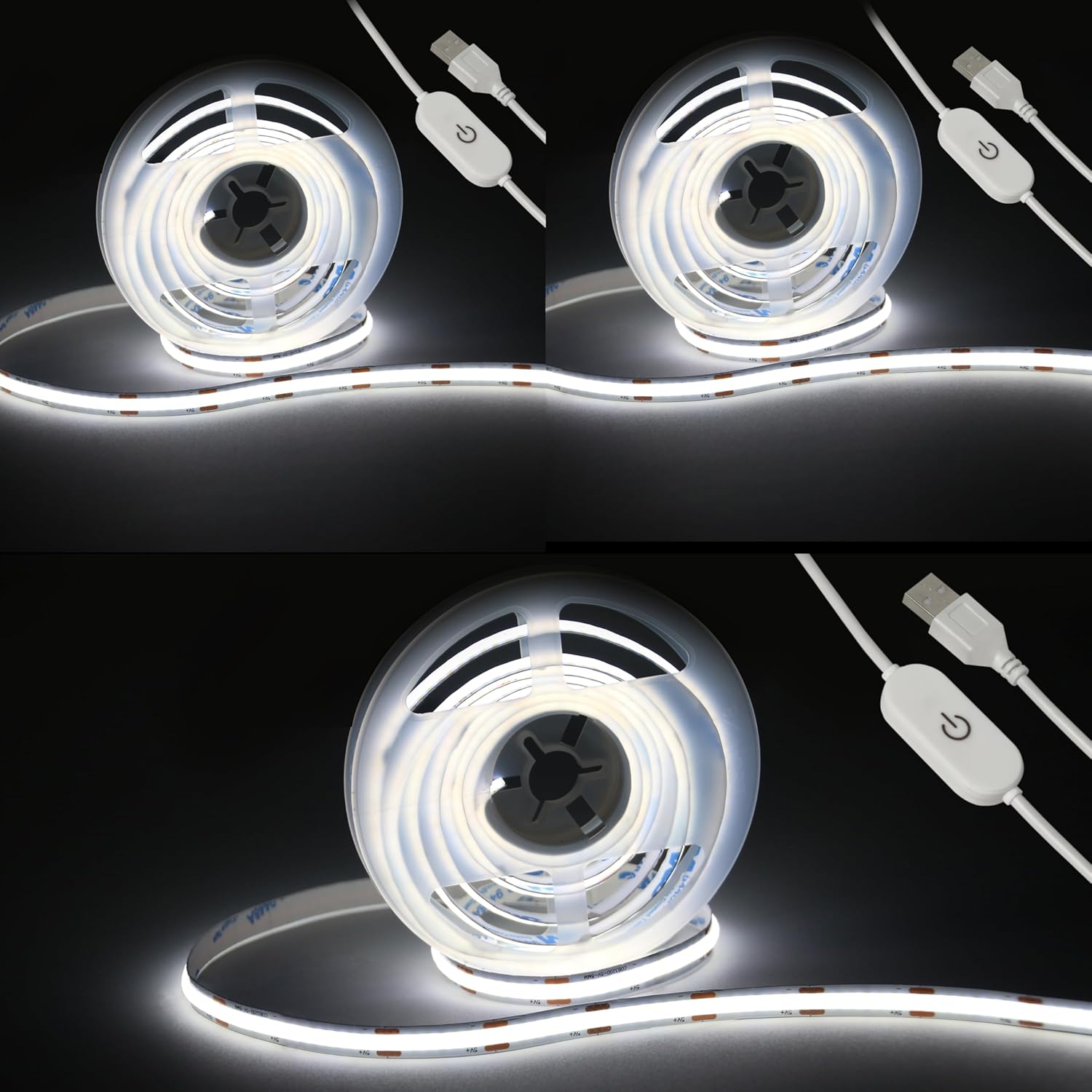 Led Strip Lights 5V USB 6.56ft/2m 640 LEDs Touch stepless Dimmable USB COB LED Strip Light 6500K White 10W Flexible 5v led for Bedroom Kitchen,Room Decor,3D Printing Lighting (3Pack)