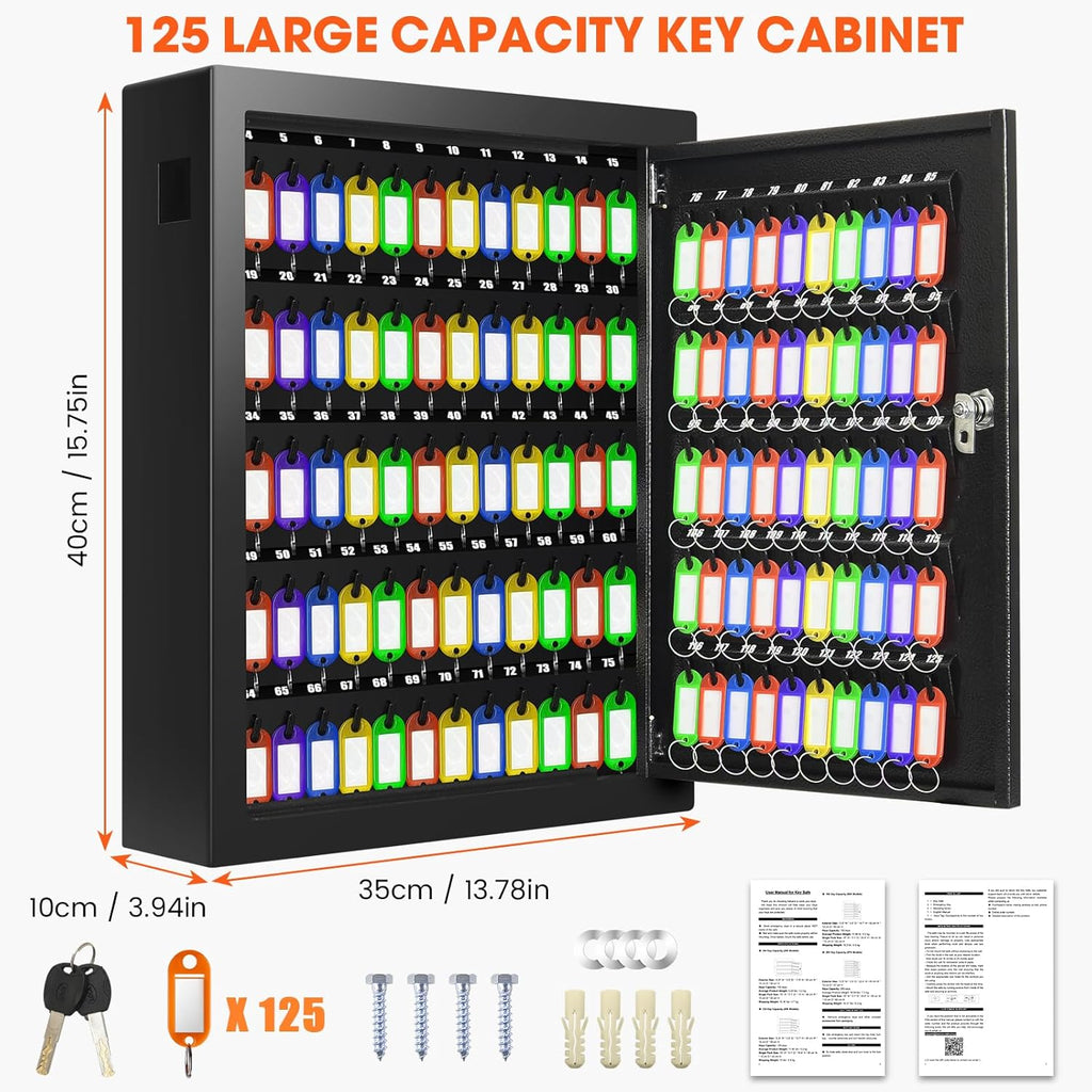 125 Position Key Cabinet Wall Mount with Anti-Theft Deposit Key Slot, Key Box Organizer with Key Hooks & 125 Tags Key Labels, Key Safe for Hotels & Office & Companies & Car Dealerships
