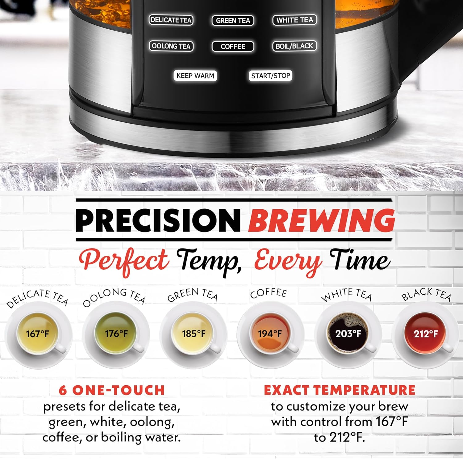 Gourmia Electric Programmable Glass Kettle – 1.7L Temperature Control Tea & Coffee Kettle with Digital Touch Display, 6 Presets, Keep Warm, Removable Stainless Steel Infuser, 360° Swivel Base – Red