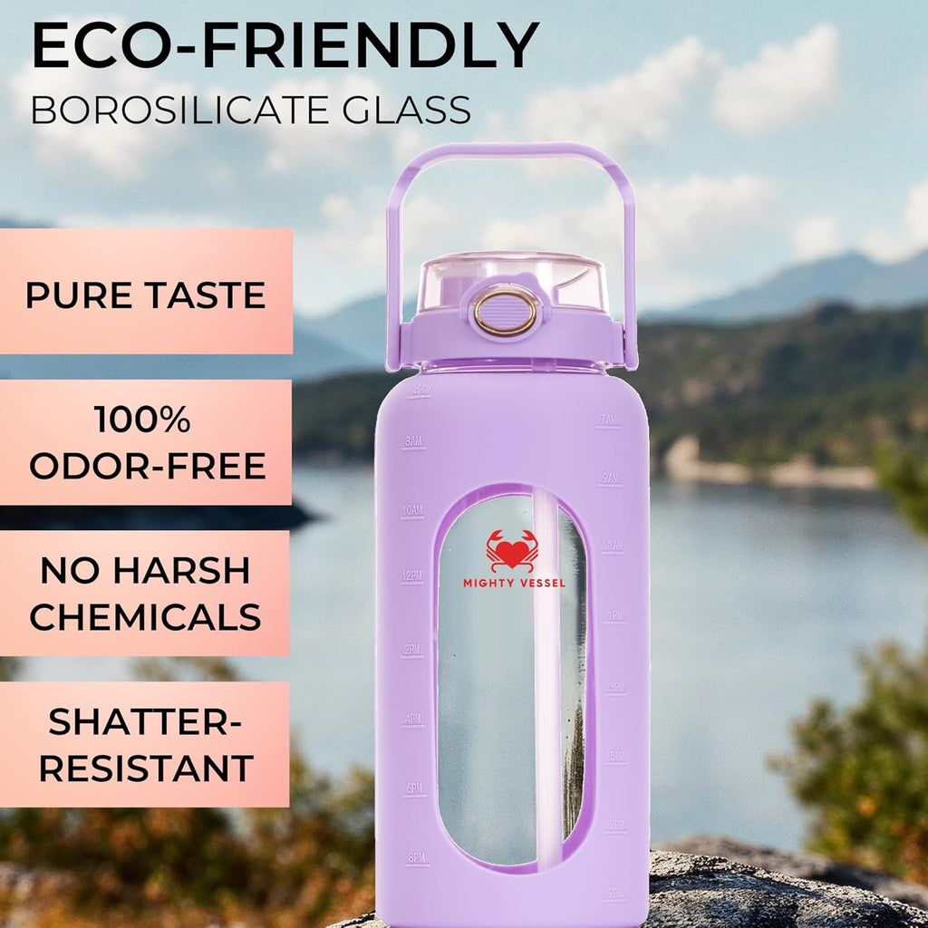64 oz Glass Water Bottle – Lavender | Leakproof Half Gallon Glass Jug with Straw, Silicone Sleeve & Time Marker – Travel, Gym, Pregnancy, Daily Water Goals