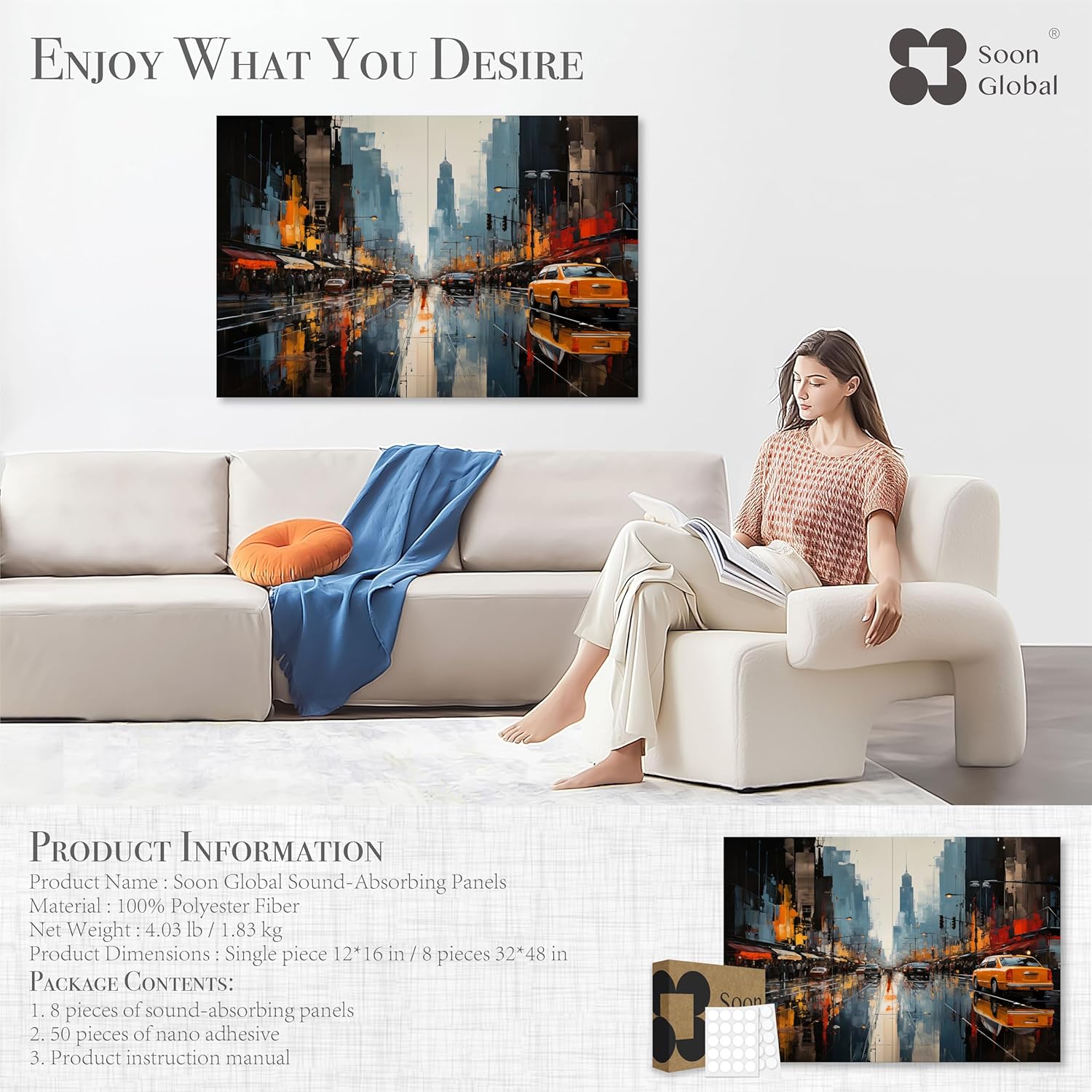 8-Pack Acoustic Panels, Soundproof Wall Panels, 48 X 32 Inches Sound Absorbing Panels, Decorative Acoustical Wall Panels, Acoustic Treatment for Recording Studio, Urban Pulse