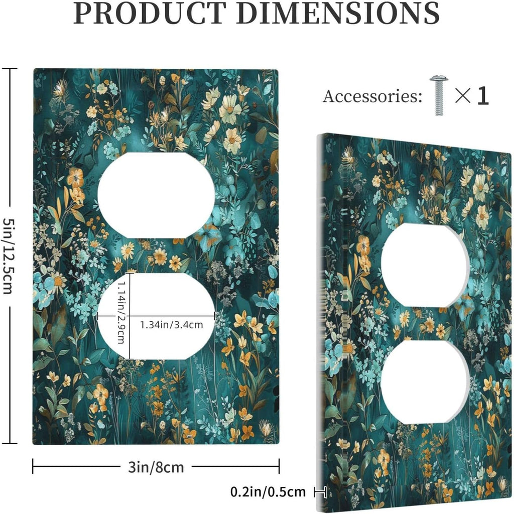 Outlet Covers Green Leaf Floral Boho Golden Flower Plant 1 Gang Duplex Light Switch Cover Decorative Switch Plates Electrical Receptacle Faceplate Wall Plate For Bed Room Cabin Decor