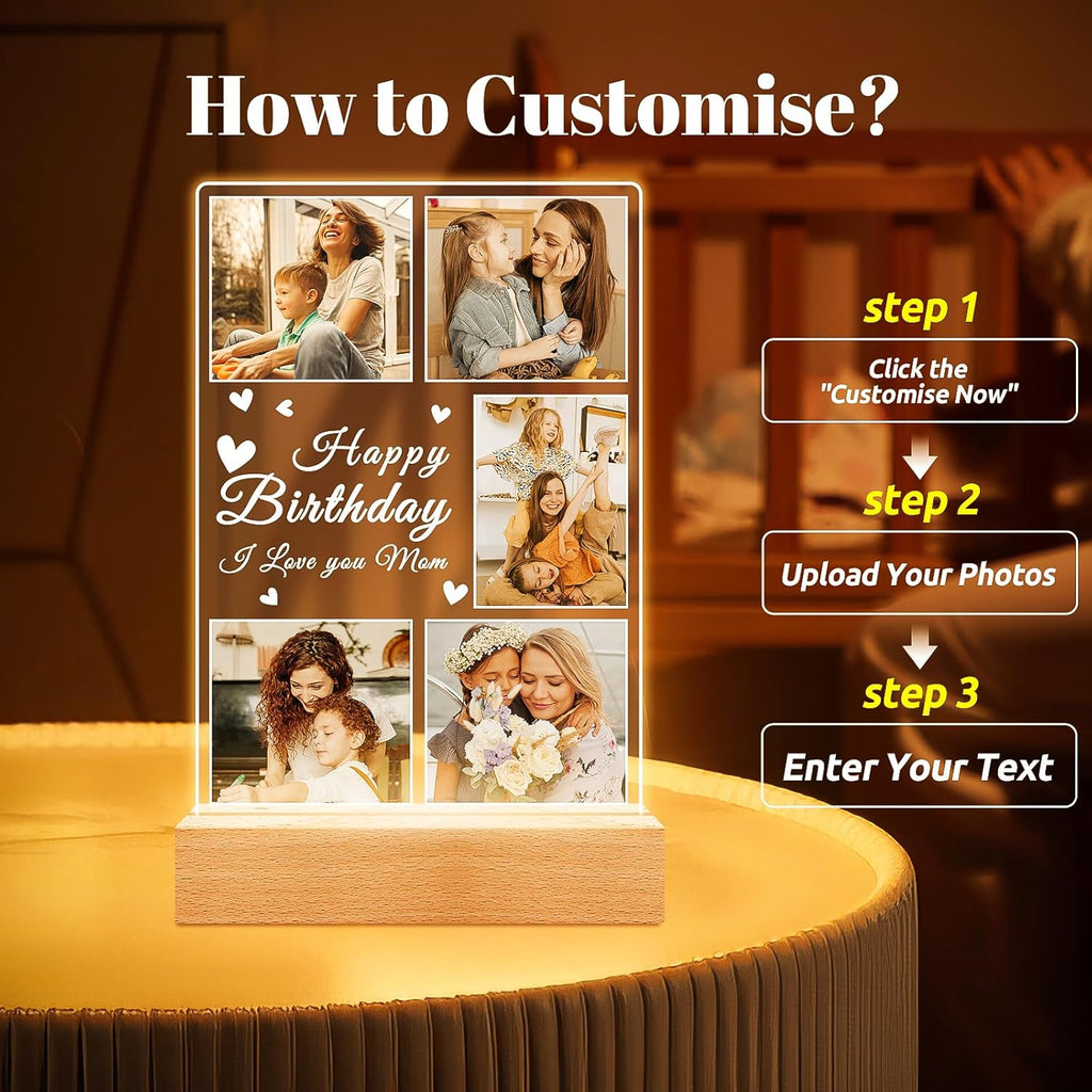 Custom Picture Frames with Photos, Personalized Photo Frame with Night Light, Customized Mothers Day Gifts for Mom, Personalized Birthday Gifts for Mom from Daughter Son