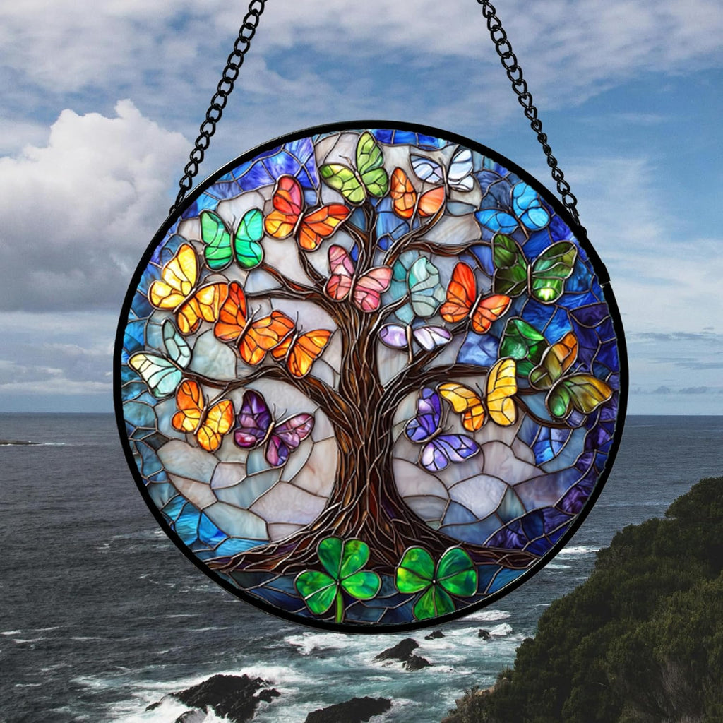 Stained Glass Window Hanging, Butterfly Tree Clover Sun Catchers Glass Panel Blue Suncatcher Decor for Birthday for Women, Men, Wife, Aunt, and Mom 14.9x14.9 in