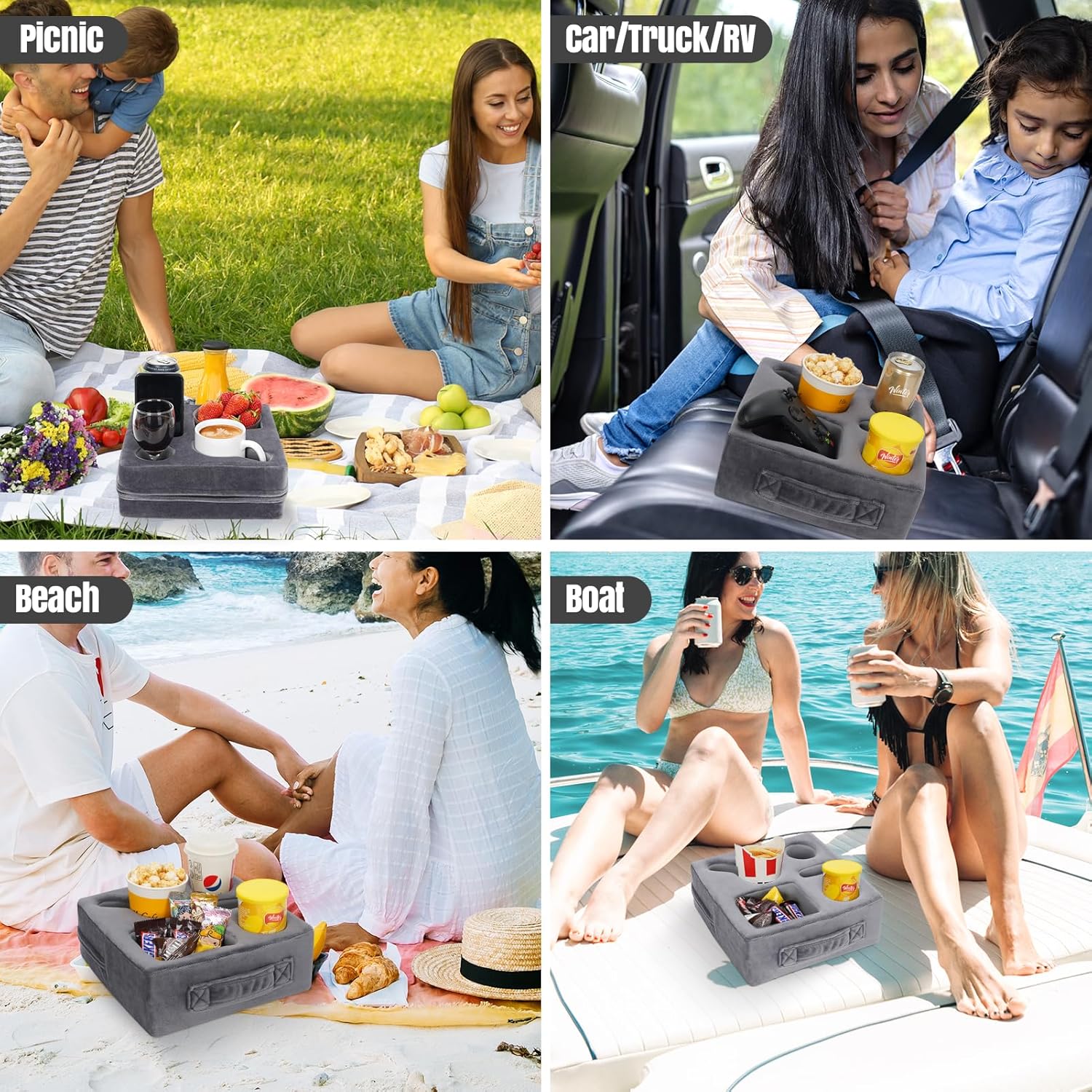 STBoo Couch Cup Holder Pillow - Sofa Drink Cup Holder Cozy Buddy | Bed Caddy Organizer Holds Remote, Snacks, Phones | Waterproof Anti-Spill Sofa Beverage Tray for Car, Pack, Beach, RV, Boat (Grey)