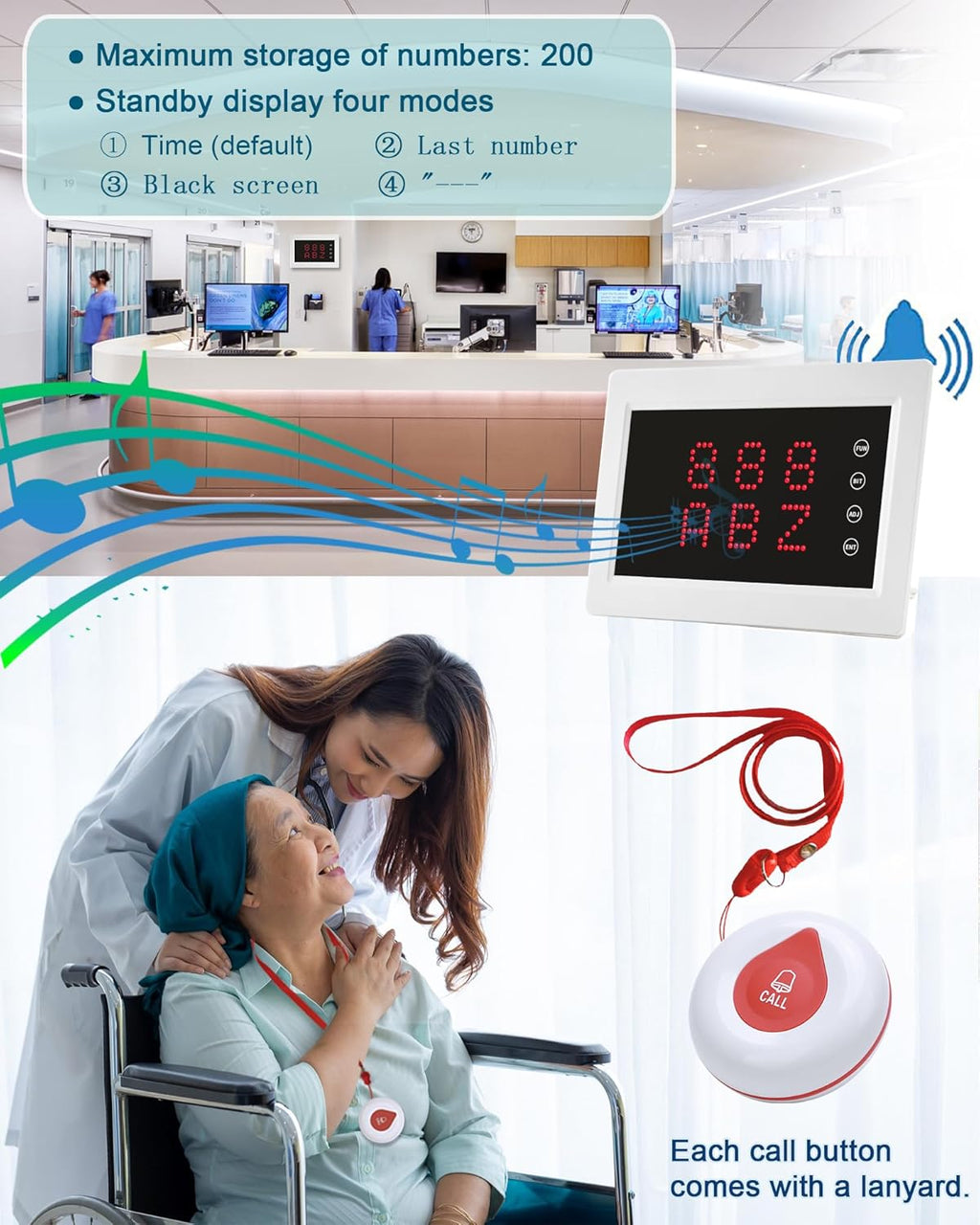 Wireless Calling System Caregiver Pager System 1200+ ft with 1 Display Receiver/Wireless Remote Control /10 Waterproof Call Buttons for Nursing Home Clinic Caregiver