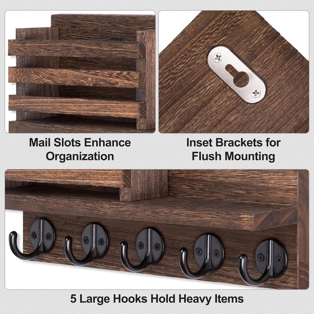 Key Holder for Wall – Decorative Wooden Mail Holder and Key Shelf with Mounting Hardware, Installation Guide – Paulownia Wood with 5 Metal Key Hooks (11.8” x 6.7” x 2.8”)