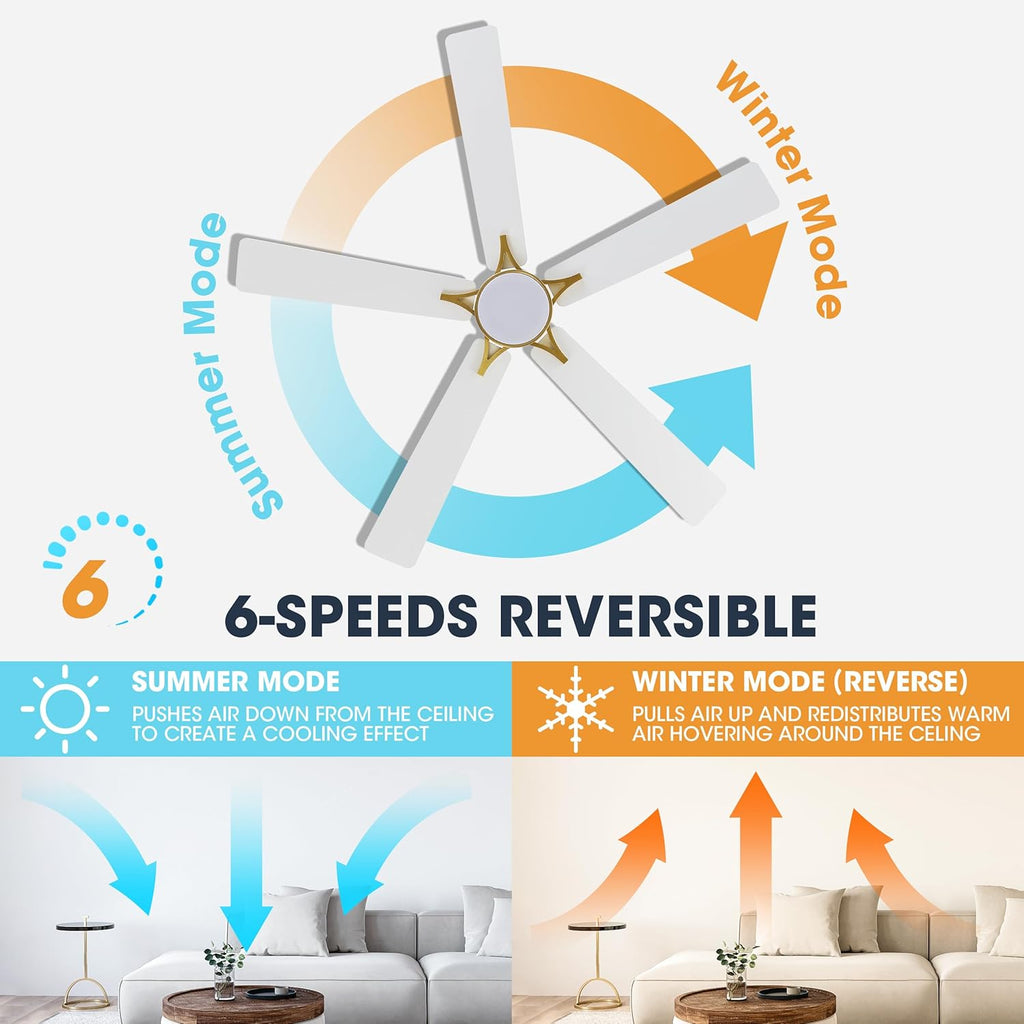 WINGBO 60" Smart Ceiling Fan with Lights and 3 Downrods, 5 Plywood Blades, 6 Speeds Reversible DC Motor, Works with Alexa and Google Assistant, 3CCT Dimmable LED Large Ceiling Fans, Brass and White