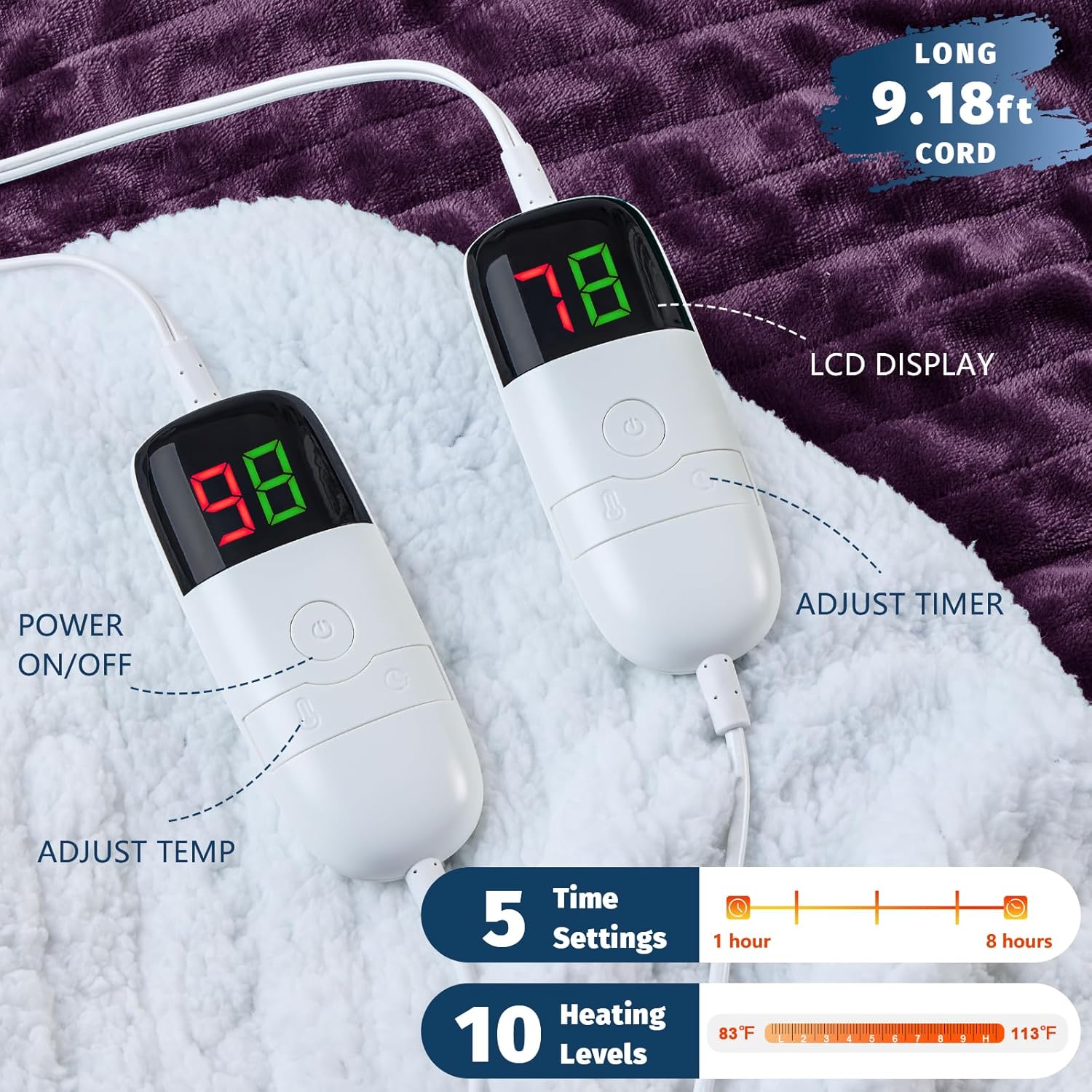 Heated Electric Blanket Queen Size - 84" x 90" Heating Blanket with Dual Control, 10 Heating Levels & 8 Hours Auto Off, Soft Warm Flannel Blanket, Christmas Birthday Gifts for Senior Grandma