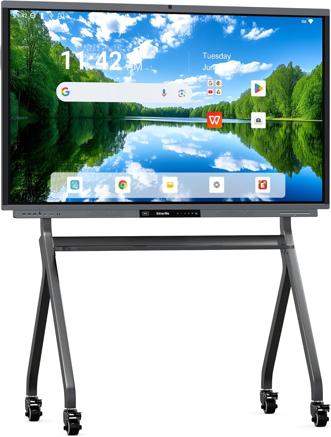 Shiarffe R9 Smart Board with Stand 4K Interactive Whiteboard EDLA-Certified All-in-One Touchscreen Digital Display Built-in 50MP AI Camera Mics and 60W Speaker for Classrom Hybrid Work