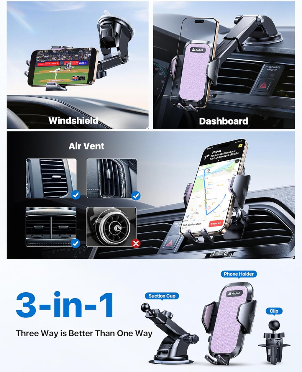 andobil Car Phone Holder, 2025 Military-Grade 89bs Strongest Suction Phone Holders for Your Car Dashboard/Windshield/Vent Easy Clamp Cellphone Holder Truck Stand for iPhone 17 16 15 Pro Max, Purple